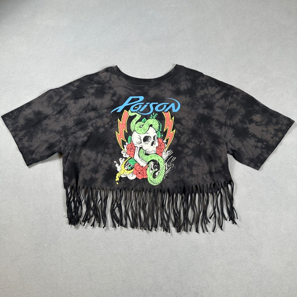 Poison Band T Shirt Top Womens XL Tie Dye Cropped Fringe Rock Concert Music Tee